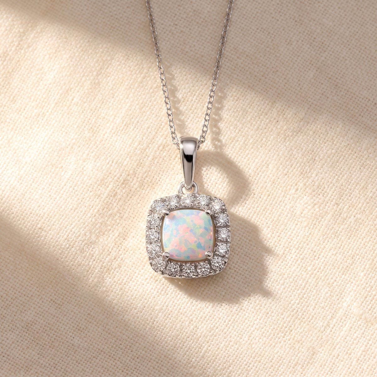 Diamond and Lab Opal Necklace, silver, lab opal and diamonds, on ivory linen