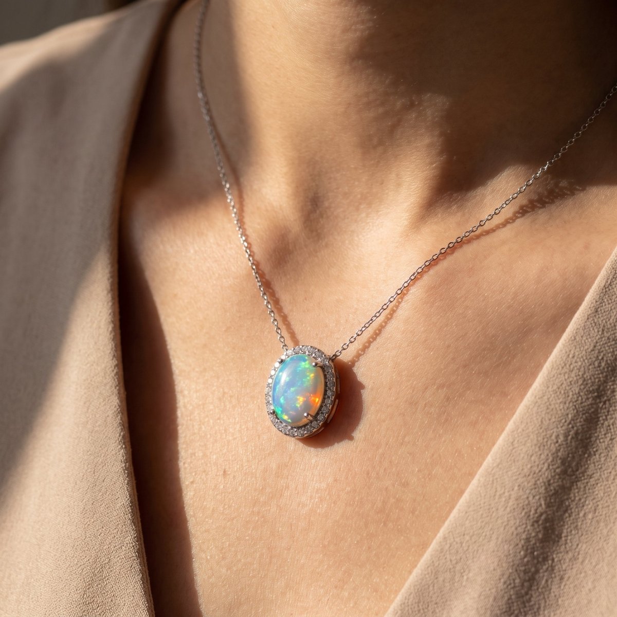 Diamond and Lab Opal Necklace 925 silver lab grown diamond necklace worn lifestyle photo