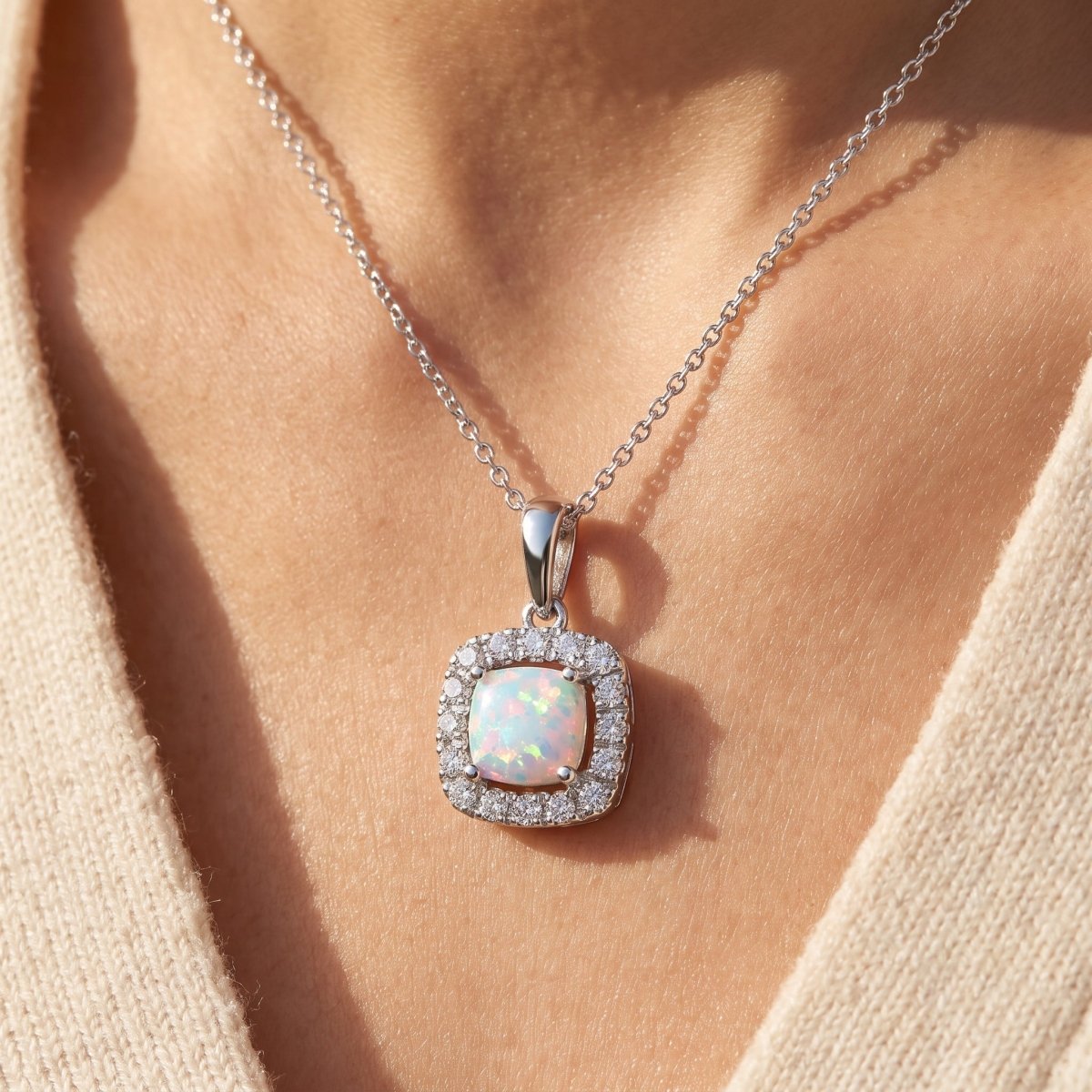 Diamond and Lab Opal Necklace 925 silver lab grown diamond necklace being worn, natural daylight lifestyle photo