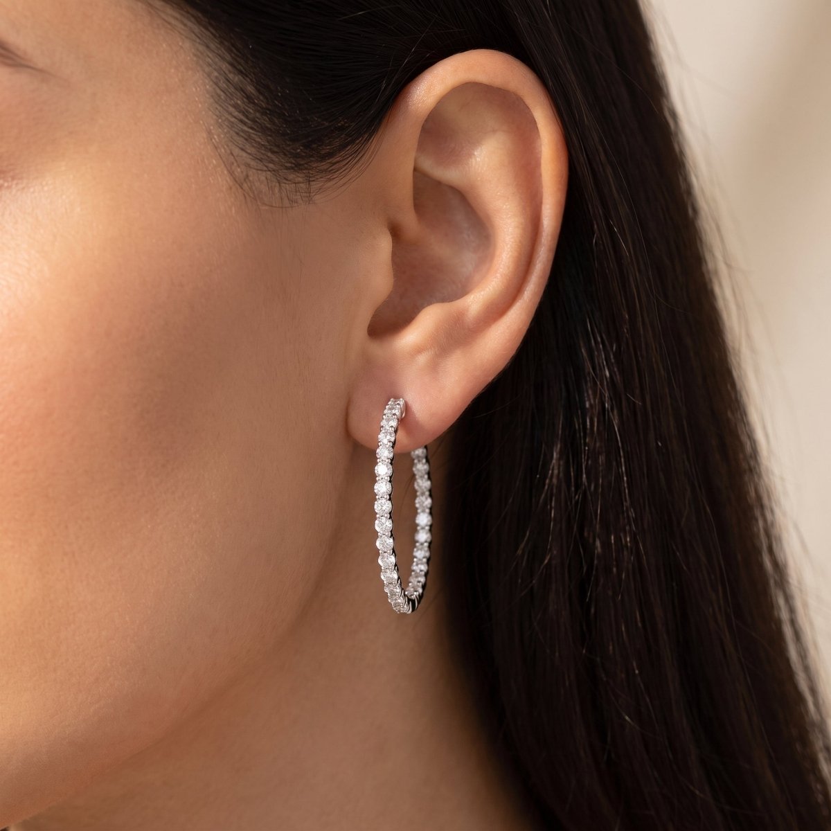 Diamond Hoop Earrings, 925 silver diamond earrings worn on ear lifestyle photo