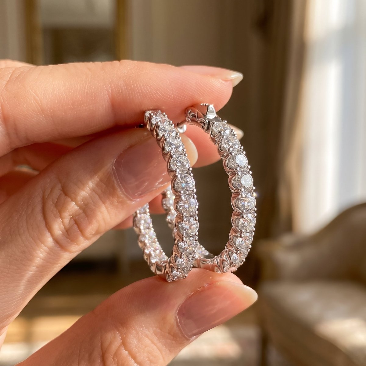 Diamond Hoop Earrings 925 silver lab grown diamond earrings held in hand lifestyle close-up photo