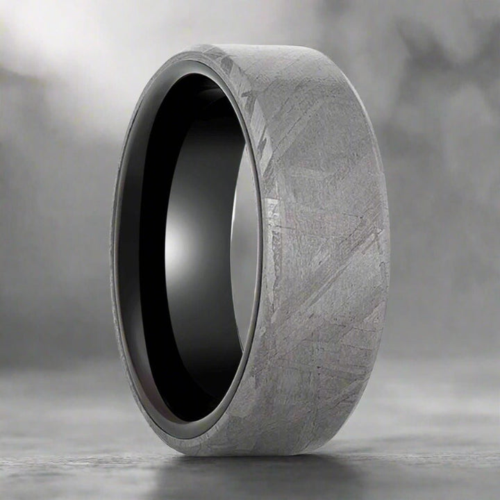 DIEMOS | Black Titanium Ring, Meteorite Inlay, Beveled - Rings - Aydins Jewelry - 5