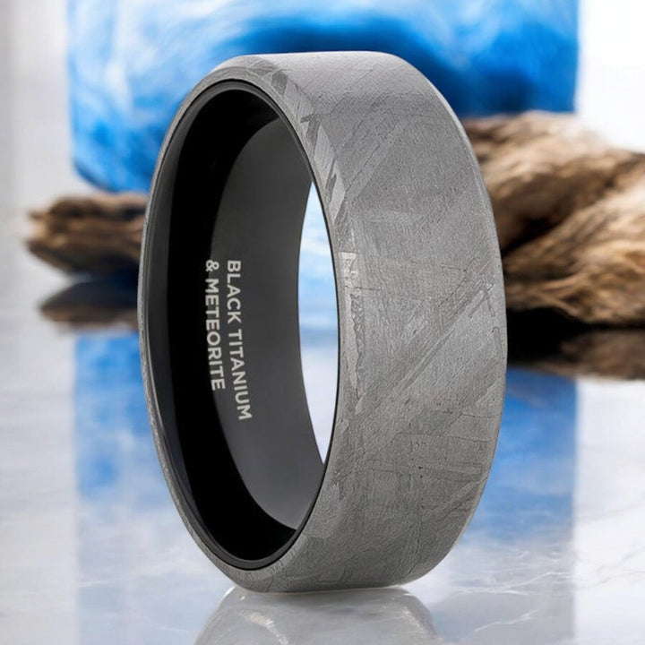 Men’s black titanium wedding band with genuine meteorite inlay – Aydins Jewelry