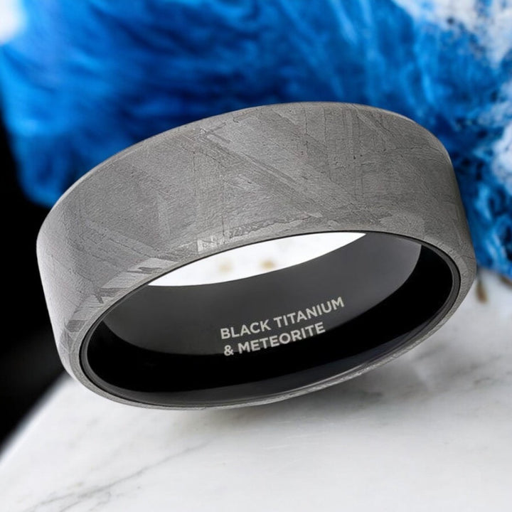 Genuine meteorite inlay detail on DIEMOS black titanium ring