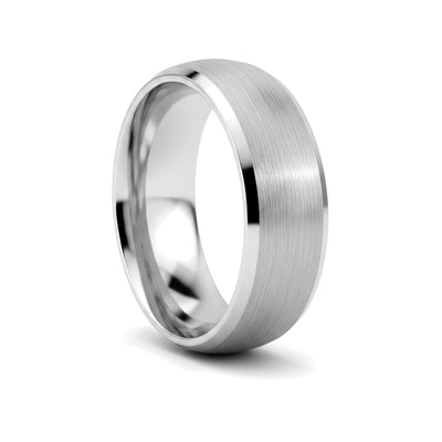 DOMESCAPE silver tungsten wedding ring with brushed domed center and beveled edges - front view