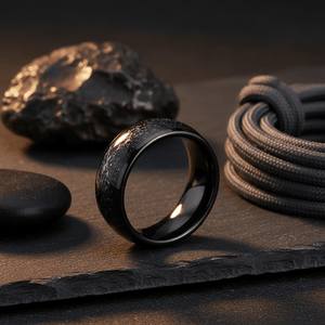 DOMINATOR — Editorial masculine still life — men's tungsten wedding ring.