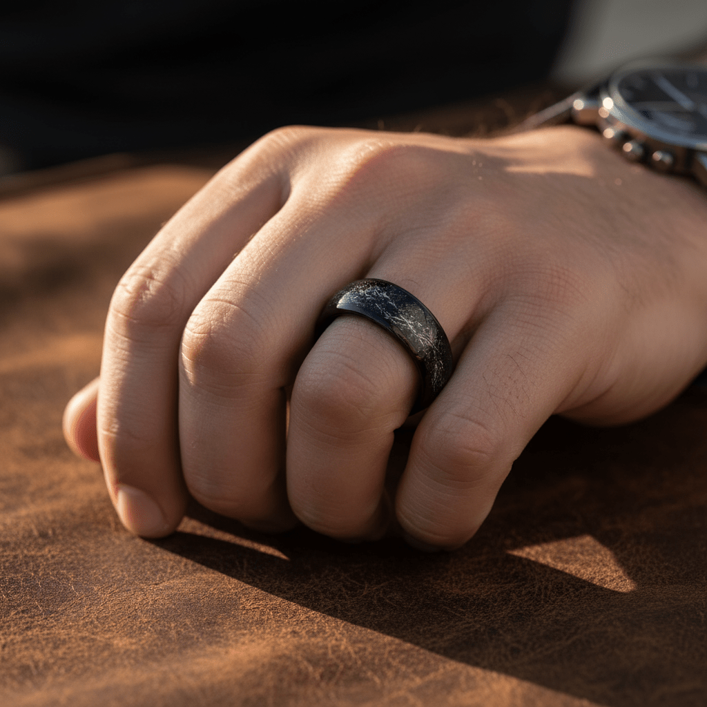 DOMINATOR — Lifestyle photo on hand — men's tungsten wedding ring.