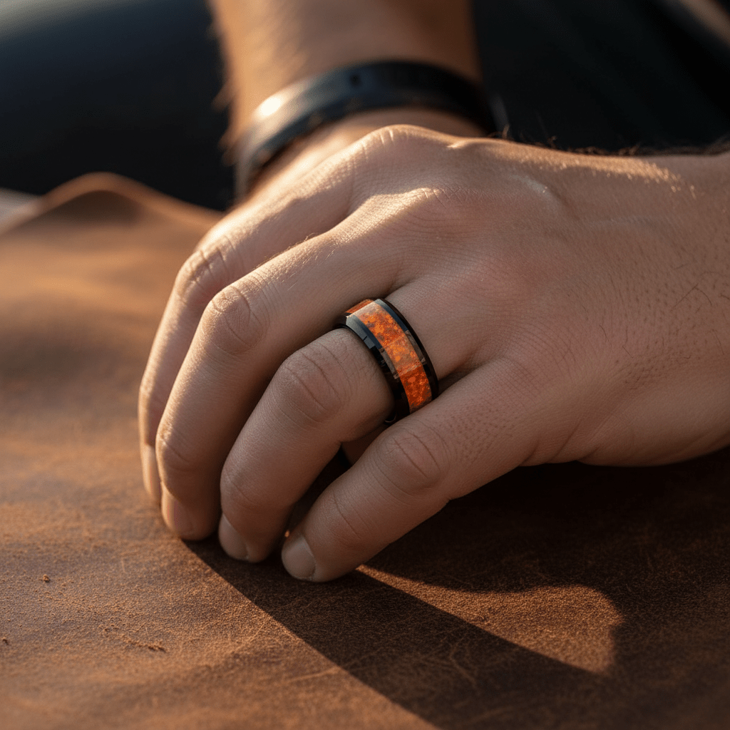 DRAGON — Lifestyle photo on hand — men's tungsten wedding ring.