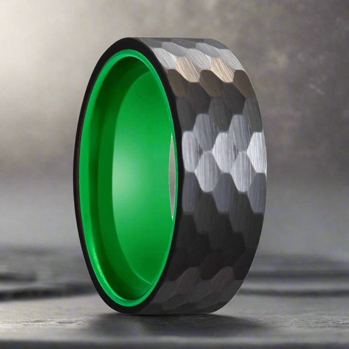 DRAGONFLY | Green Ring, Black Tungsten Ring, Hammered, Flat - Rings - Aydins Jewelry - 5