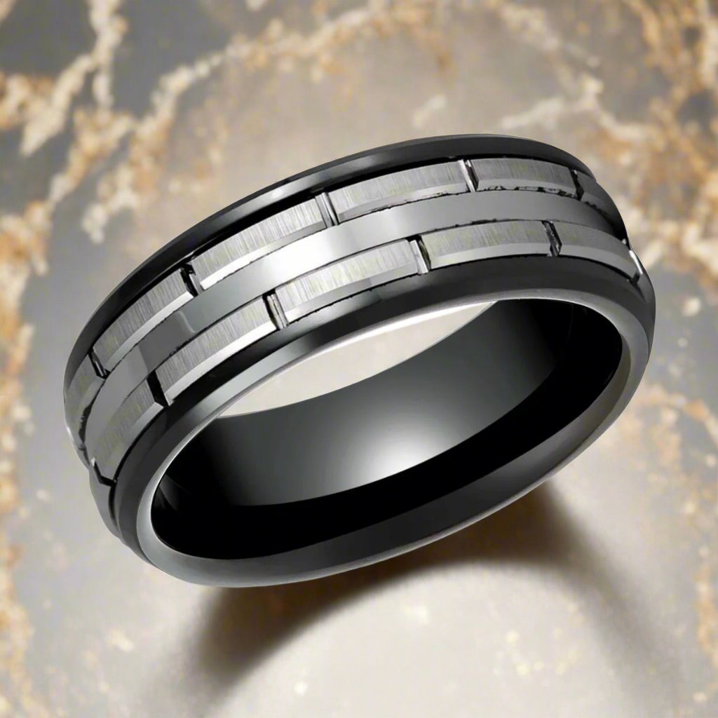 Side profile of the DUALITY Black Tungsten Ring showcasing the beveled edge