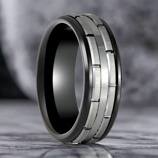 DUALITY Black Tungsten Ring with Two-Tone Patterned Design - Front View