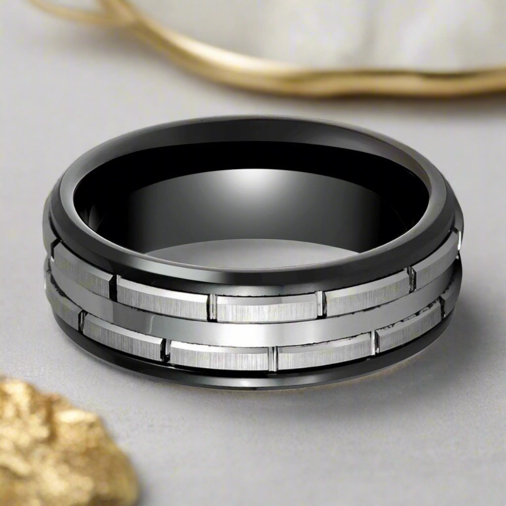 Two-tone patterned design of the DUALITY Tungsten Ring by Aydins Jewelry