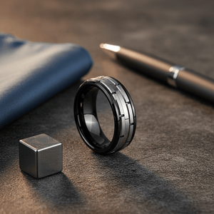 DUALITY — Editorial masculine still life — men's tungsten wedding ring.