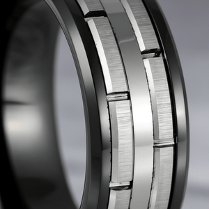 DUALITY — Extreme macro detail — men's tungsten wedding ring.