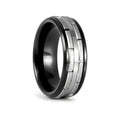 DUALITY black tungsten wedding ring with two-tone silver patterned design - front view