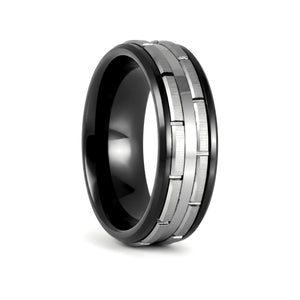 DUALITY black tungsten wedding ring with two-tone silver patterned design - front view