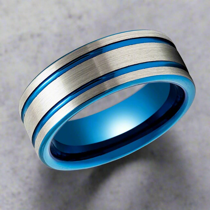 DUALWAVE | Blue Tungsten Ring, Pipe Cut Blue Ring, Double Striped Center - Rings - Aydins Jewelry - 4