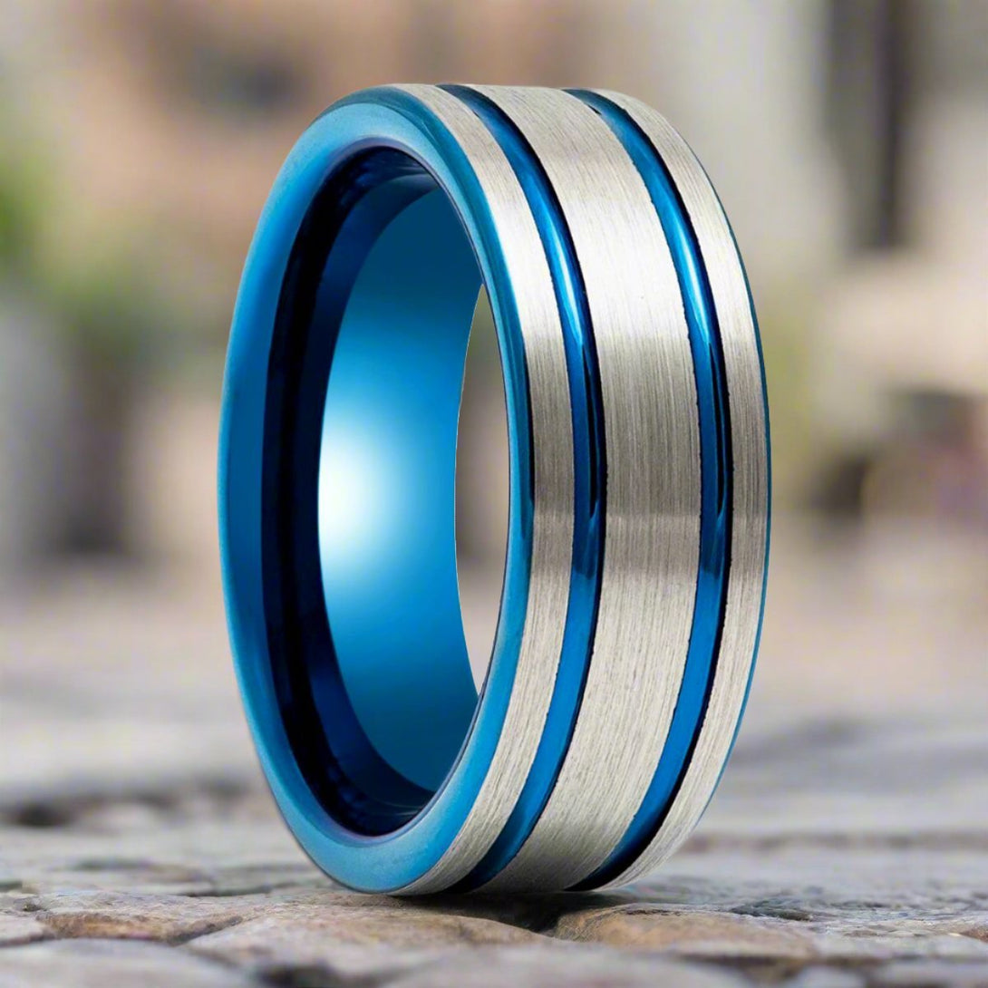 DUALWAVE | Blue Tungsten Ring, Pipe Cut Blue Ring, Double Striped Center - Rings - Aydins Jewelry - 3