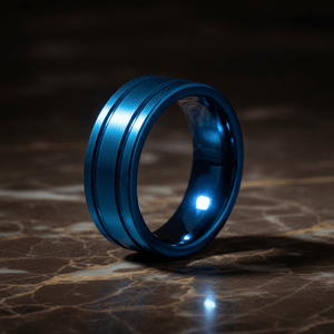 DUALWAVE — Luxury 3/4 angle on dark marble — men's tungsten wedding ring.