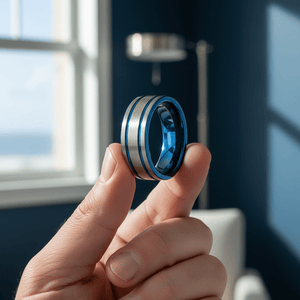 DUALWAVE — Held between fingers close-up — men's tungsten wedding ring.