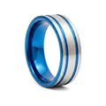 DUALWAVE blue tungsten wedding ring with twin-striped center and pipe-cut flat profile - front view