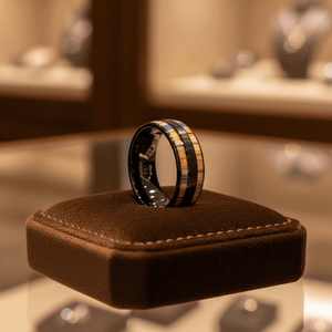 DUNLAP — Premium boutique display on velvet — men's tungsten wedding ring.