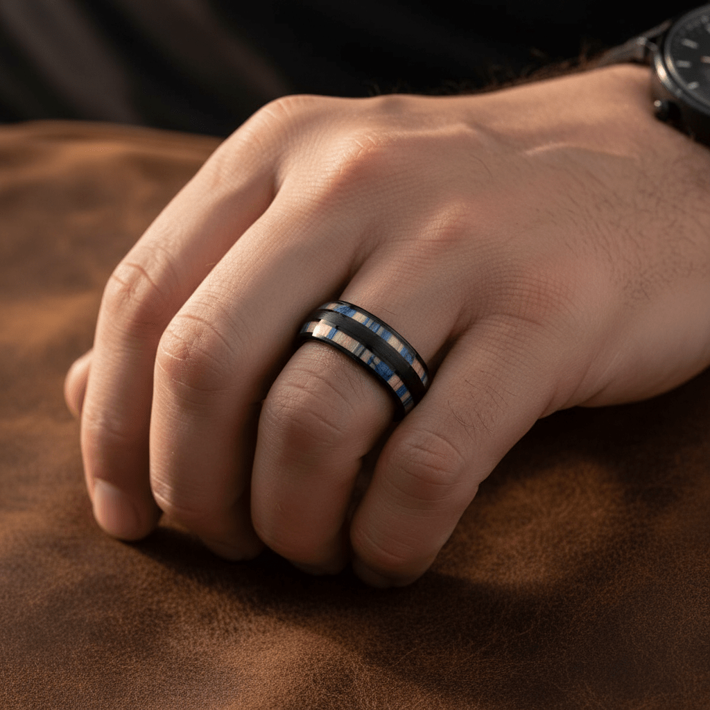 DUNLAP — Lifestyle photo on hand — men's tungsten wedding ring.