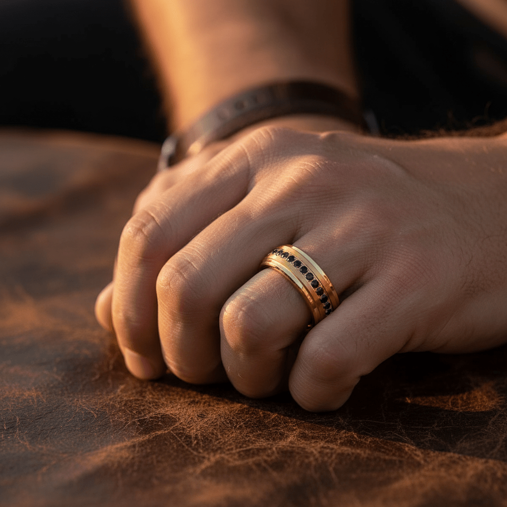 EBONYGLITZ — Lifestyle photo on hand — men's tungsten wedding ring.