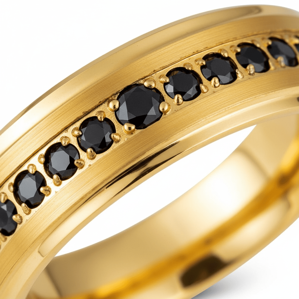 EBONYGLITZ — Extreme macro detail — men's tungsten wedding ring.