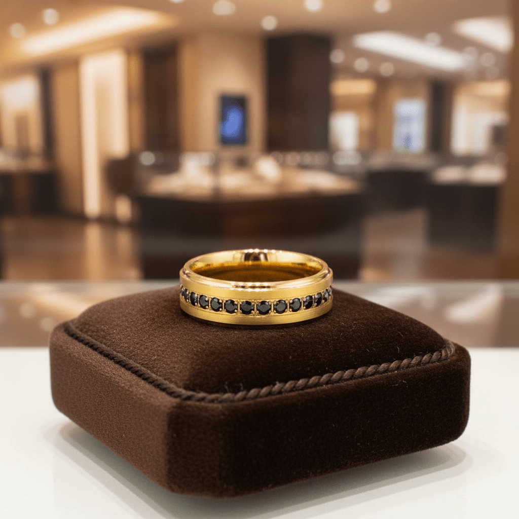 EBONYGLITZ — Premium boutique display on velvet — men's tungsten wedding ring.