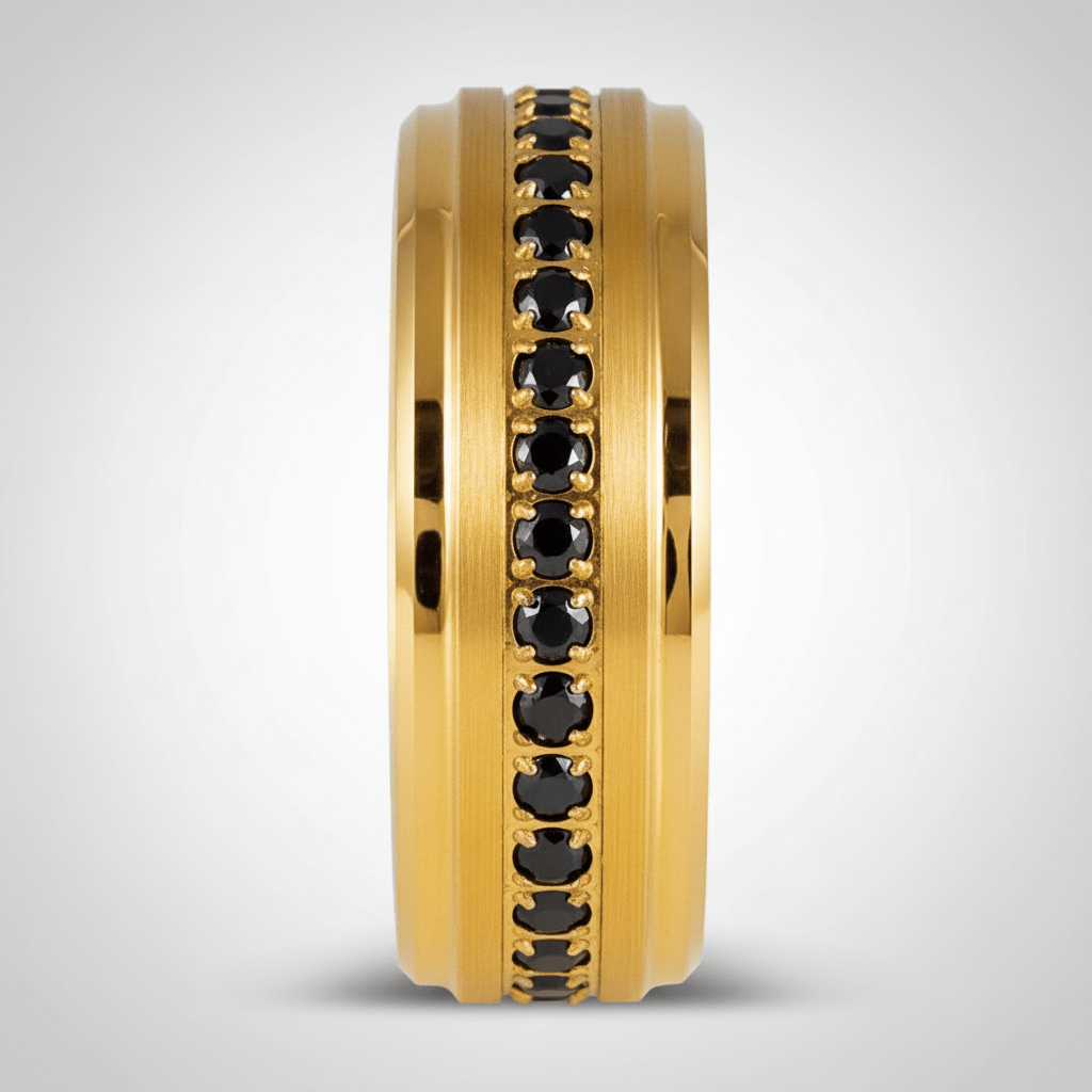 EBONYGLITZ — Center-through axial view — men's tungsten wedding ring.