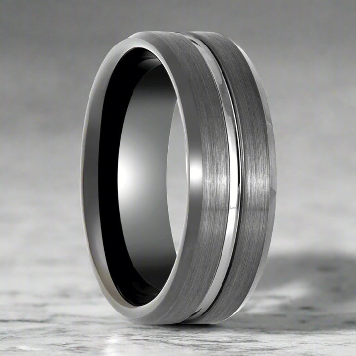 ECHORIDGE | Gun Metal Ring, Grooved Center, Brushed Beveled Edge - Rings - Aydins Jewelry - 3