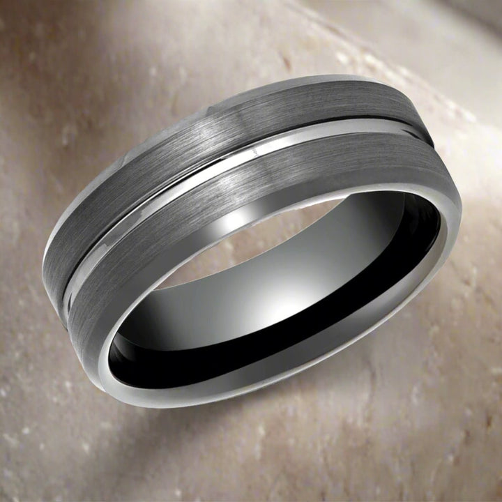 ECHORIDGE | Gun Metal Ring, Grooved Center, Brushed Beveled Edge - Rings - Aydins Jewelry - 4