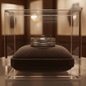 ECHORIDGE — Premium boutique display on velvet — men's tungsten wedding ring.