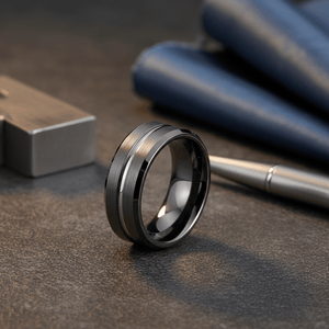 ECHORIDGE — Editorial masculine still life — men's tungsten wedding ring.