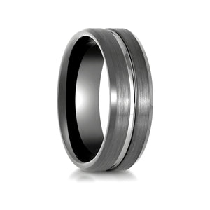 ECHORIDGE gunmetal tungsten wedding ring with grooved brushed center and beveled edges - front view