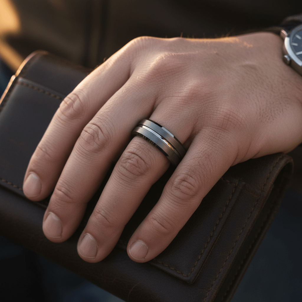 ECHORIDGE — Lifestyle photo on hand — men's tungsten wedding ring.
