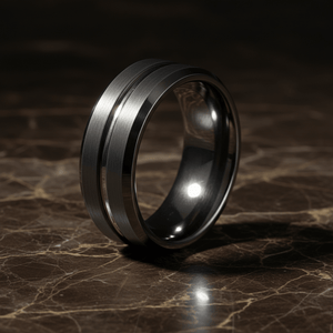 ECHORIDGE — Luxury 3/4 angle on dark marble — men's tungsten wedding ring.