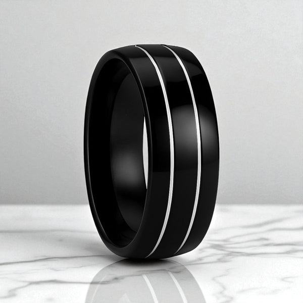 ECLIPSE domed black tungsten ring with polished offset grooves, side view