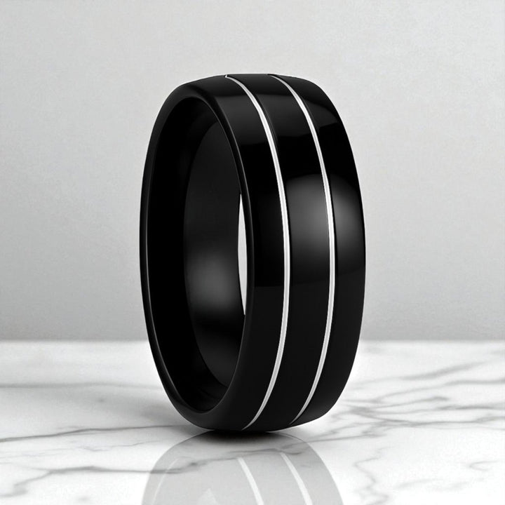 ECLIPSE domed black tungsten ring with polished offset grooves, side view