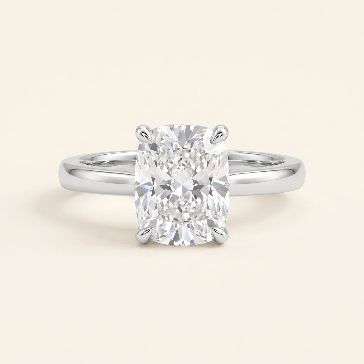 Elongated Cushion lab-grown diamond solitaire engagement ring, 925 Sterling Silver, face-on detail macro