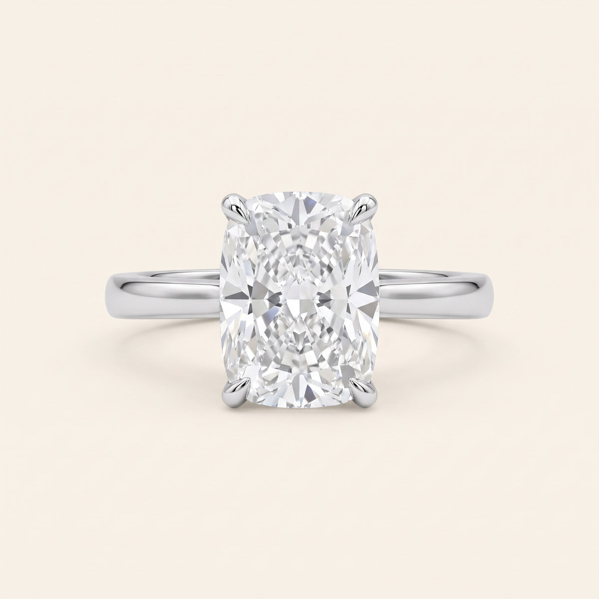 Elongated Cushion lab-grown diamond solitaire engagement ring, White Gold, face-on detail macro