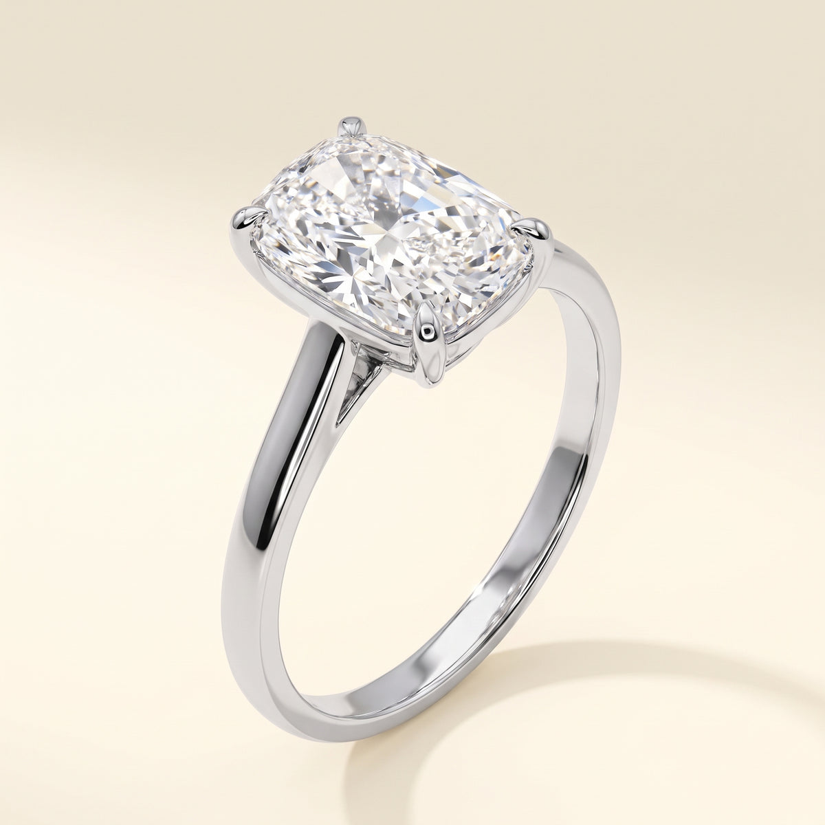 Elongated Cushion lab-grown diamond solitaire engagement ring, White Gold, studio hero