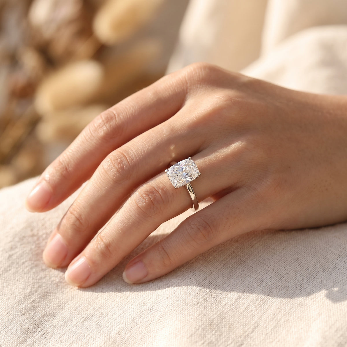 Elongated Cushion lab-grown diamond solitaire engagement ring, White Gold, lifestyle photograph