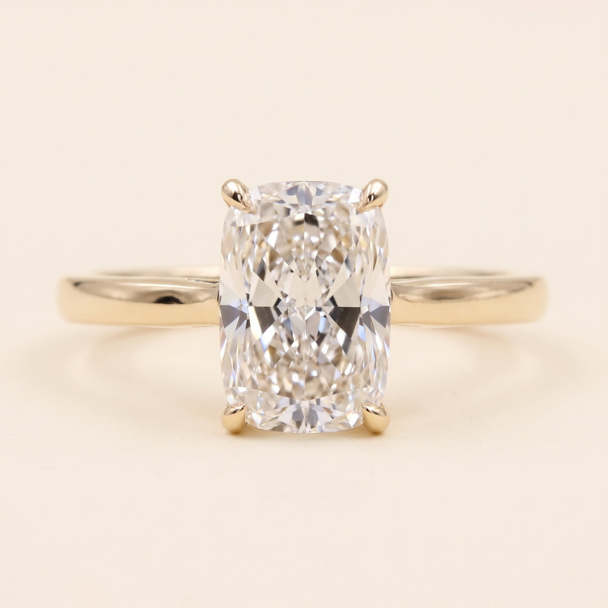 Elongated Cushion lab-grown diamond solitaire engagement ring, Yellow Gold, face-on detail macro
