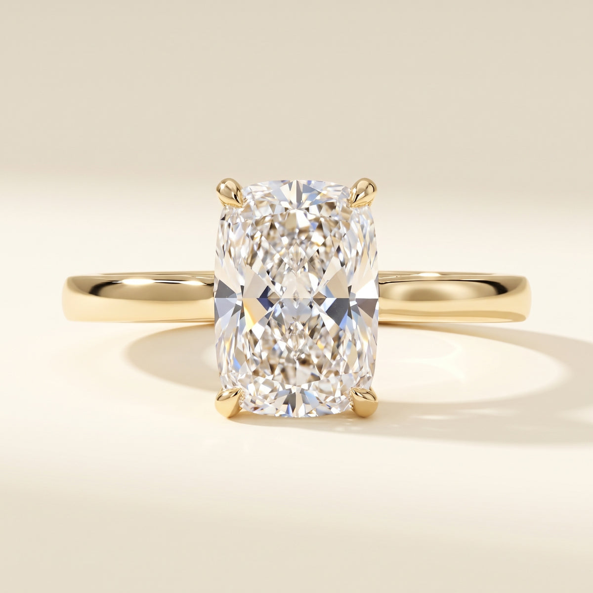 Elongated Cushion lab-grown diamond solitaire engagement ring, Yellow Gold, studio hero