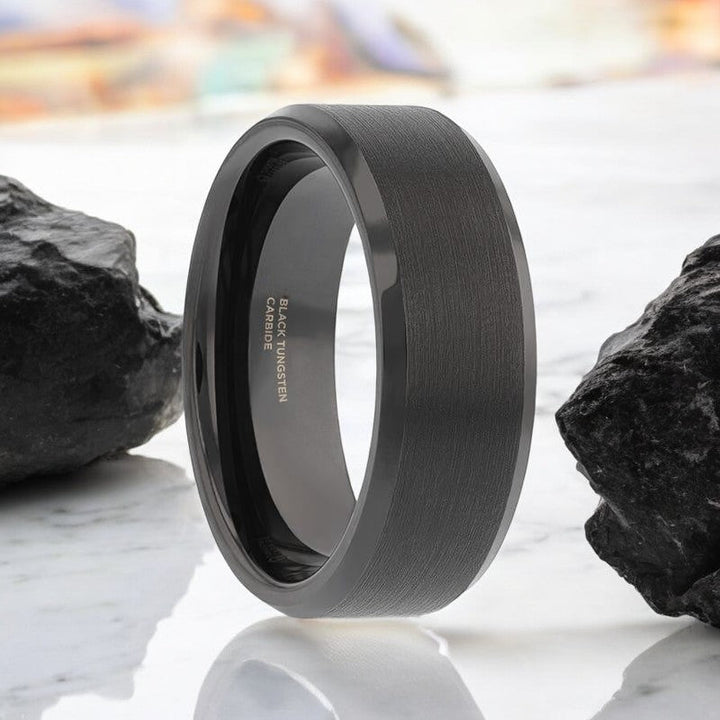 ELISE Black Tungsten Ring with brushed center and beveled edge from Aydins Jewelry.