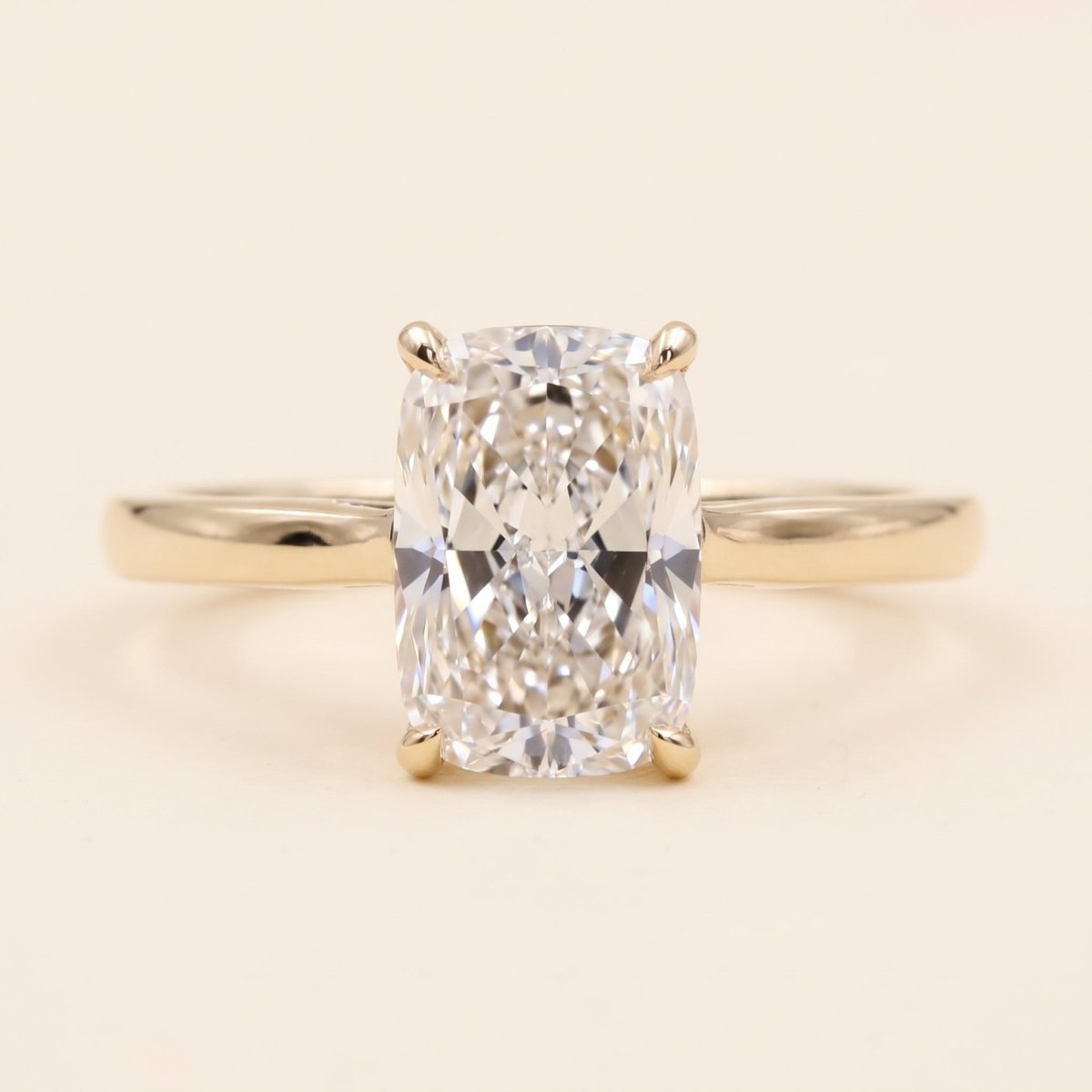 Elongated Cushion lab-grown diamond solitaire engagement ring, Yellow Gold, face-on detail macro