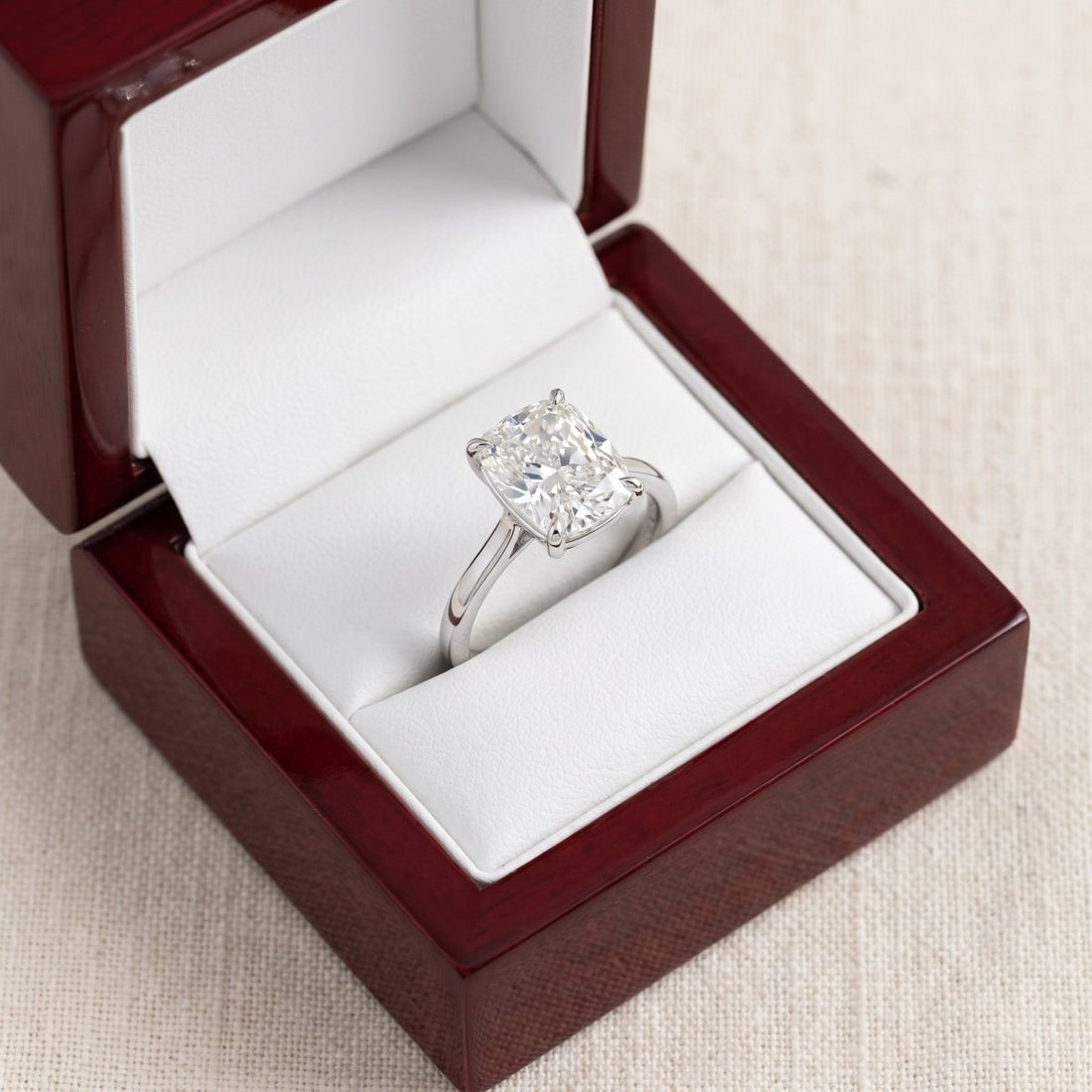 Elongated Cushion lab-grown diamond solitaire engagement ring, White Gold, in cherry-wood ring box