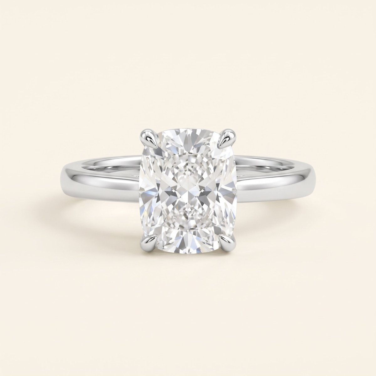 Elongated Cushion lab-grown diamond solitaire engagement ring, 925 Sterling Silver, face-on detail macro